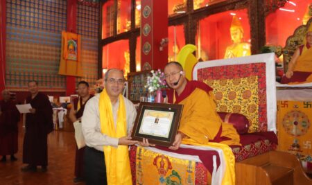 Geshe Lobsang Tenzin Negi, a renowned professor as well as a great translator of Emori University,was being honored with the award of appreciation for furthering His Holiness’ vision and outstanding service. Usually,